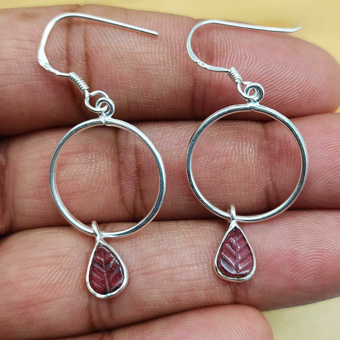 Hanging Garnet Leaf Earring 925 Solid Silver Dual Stone Hanging Earring
