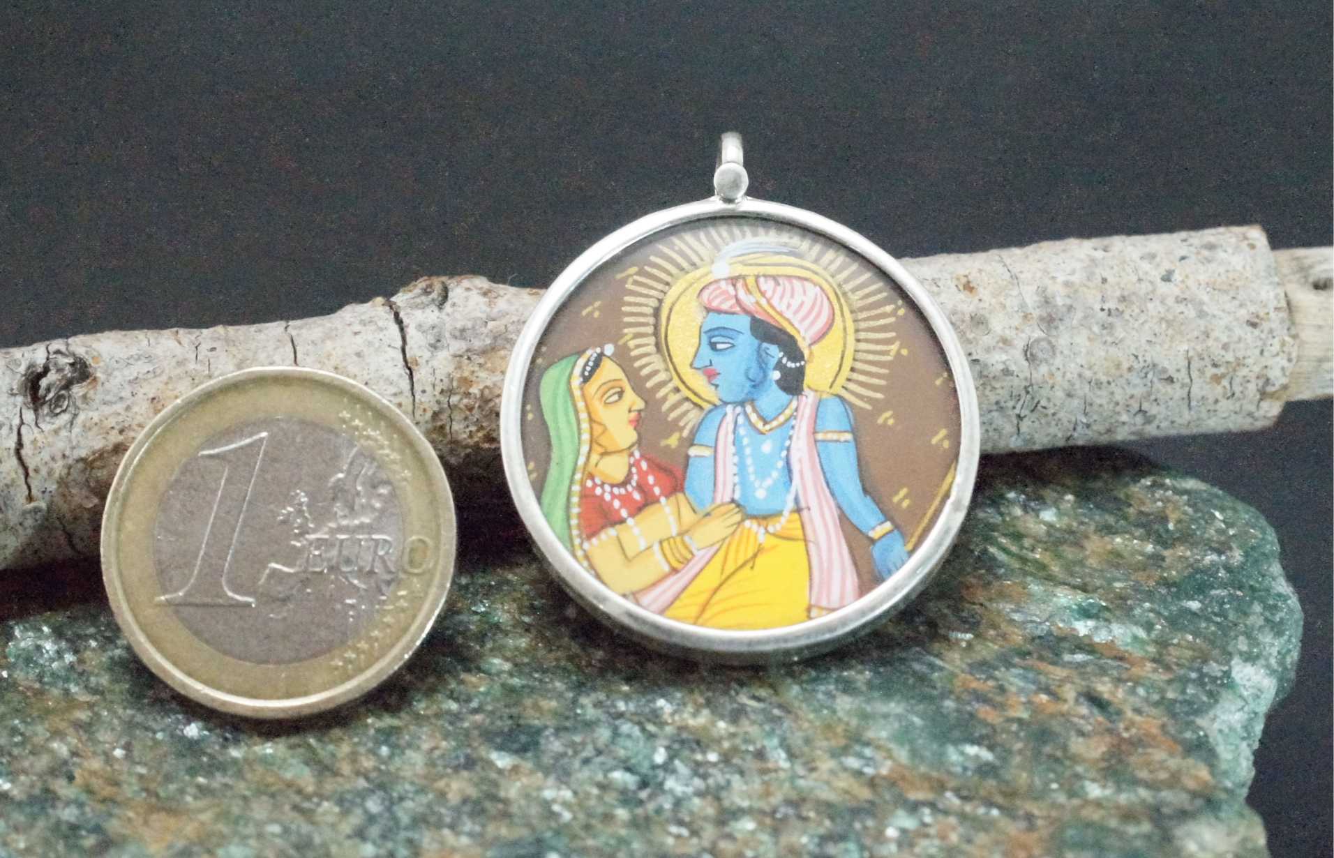 Radha Krishna Ji 925 Silver Handpainted Pendant Artisan Necklace