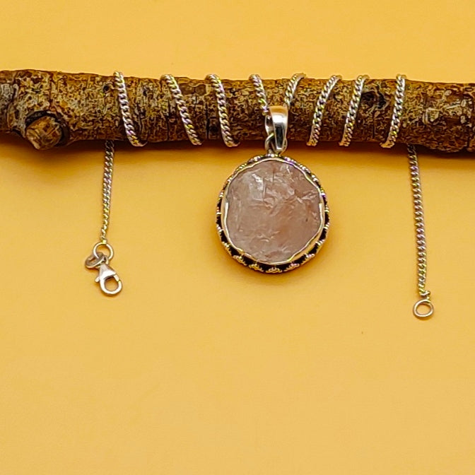 Raw Rose Quartz 925 Silver Boho Necklace Handmade