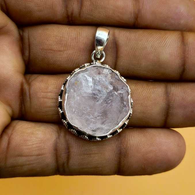 Raw Rose Quartz 925 Silver Boho Necklace Handmade
