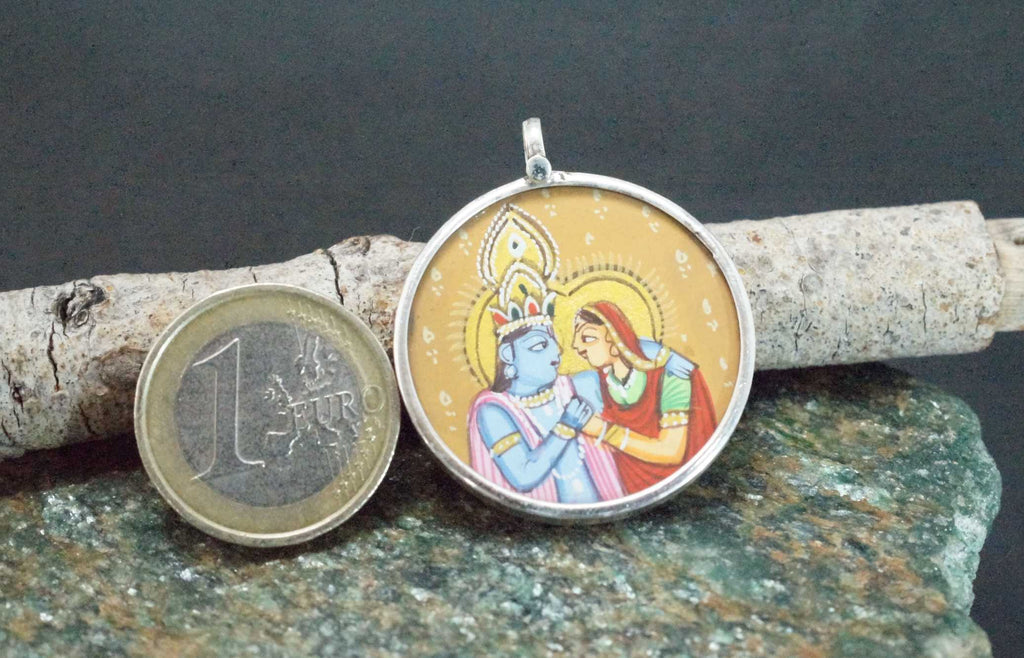 Radha Krishna Ji 925 Silver Handpainted Pendant Artisan Necklace