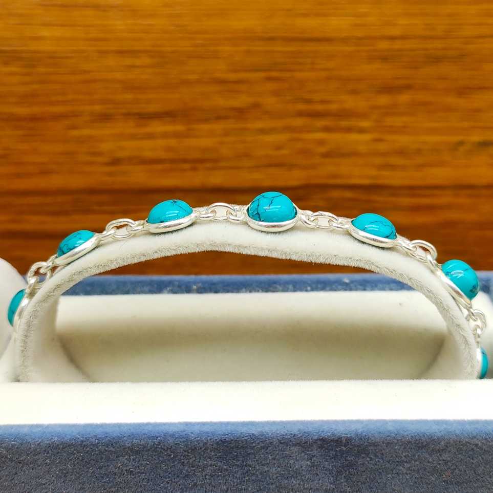 925 Silver Turquoise Round Cabochon Bracelet – Handmade Natural Gemstone Jewelry