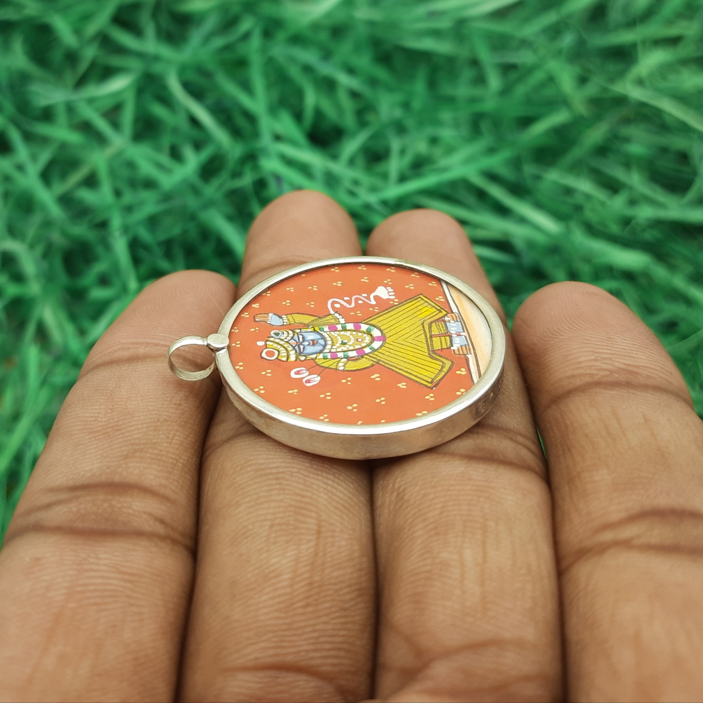 Shree Nath Ji Hand-Painted Pendant in 925 Sterling Silver – Divine Krishna Art Frame