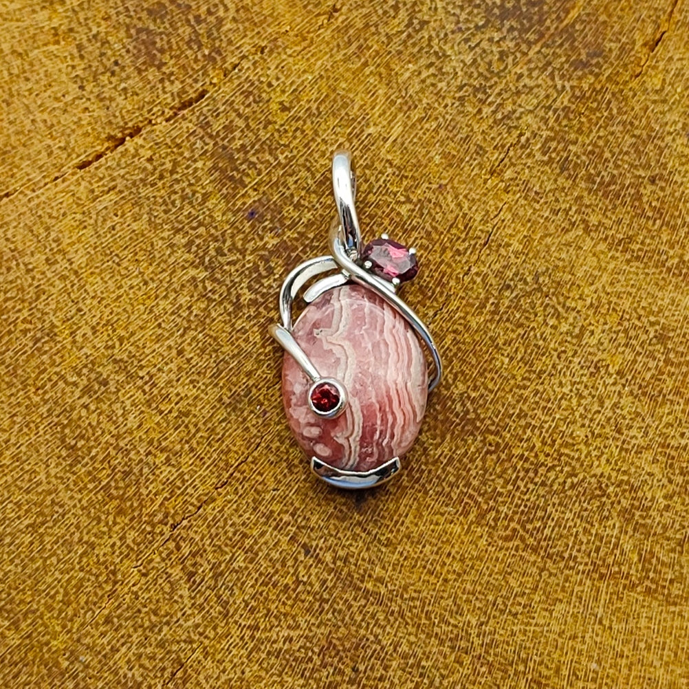 Rhodochrosite & Garnet Nepali Bohemian Handmade Silver Pendant