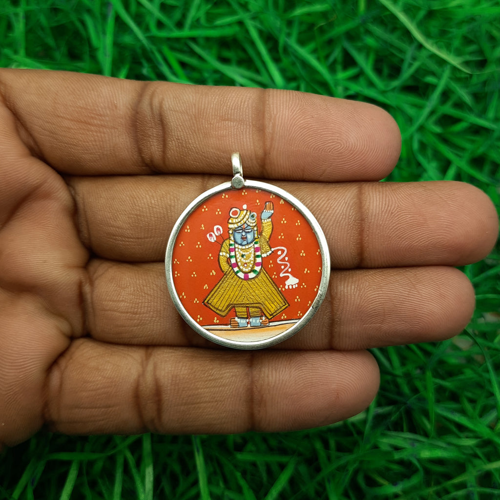 Shree Nath Ji Hand-Painted Pendant in 925 Sterling Silver – Divine Krishna Art Frame