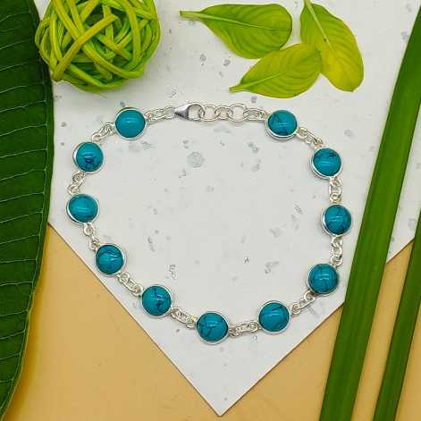 925 Silver Turquoise Round Cabochon Bracelet – Handmade Natural Gemstone Jewelry
