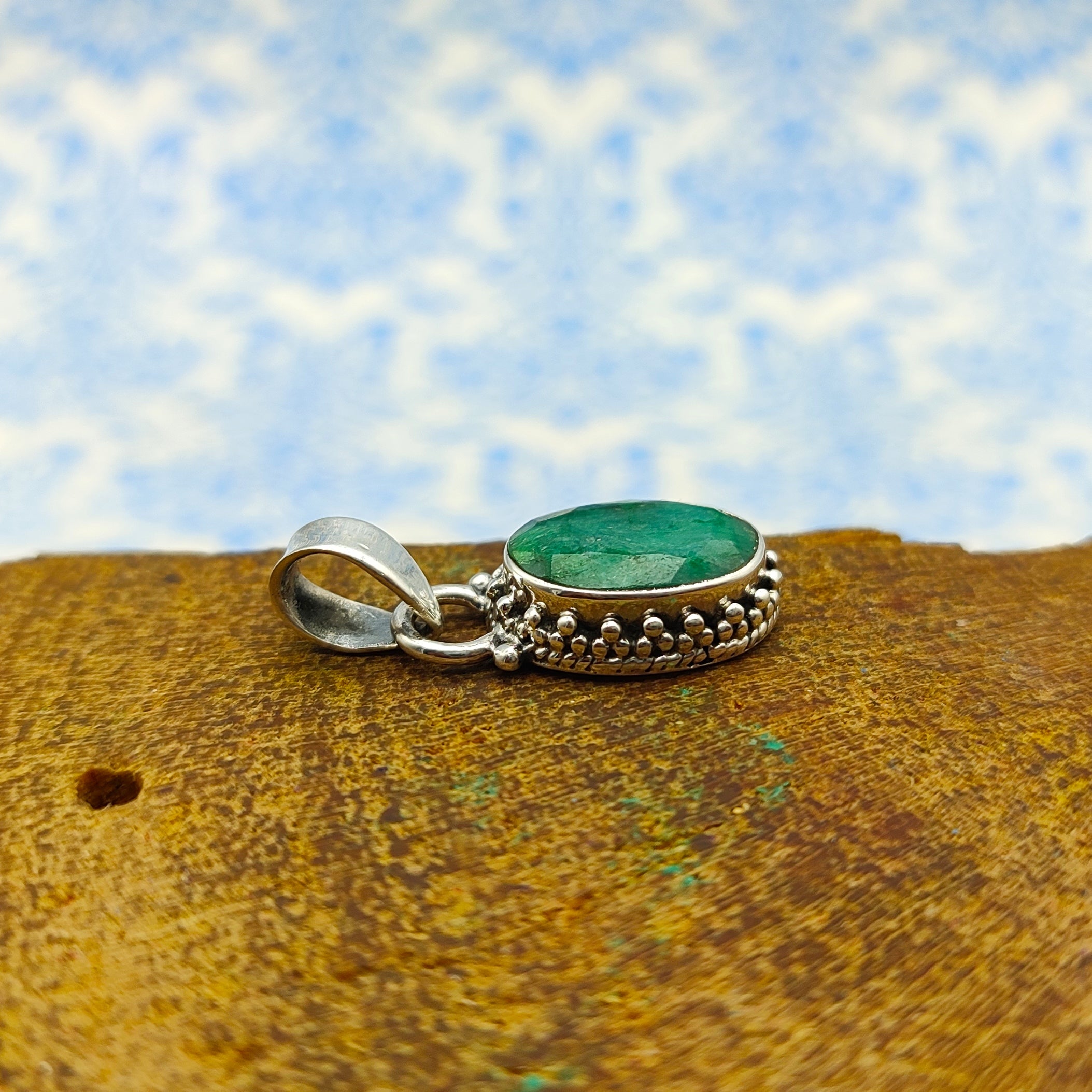 Dyed Emerald Faceted 925 Silver Boho Pendant Nepali