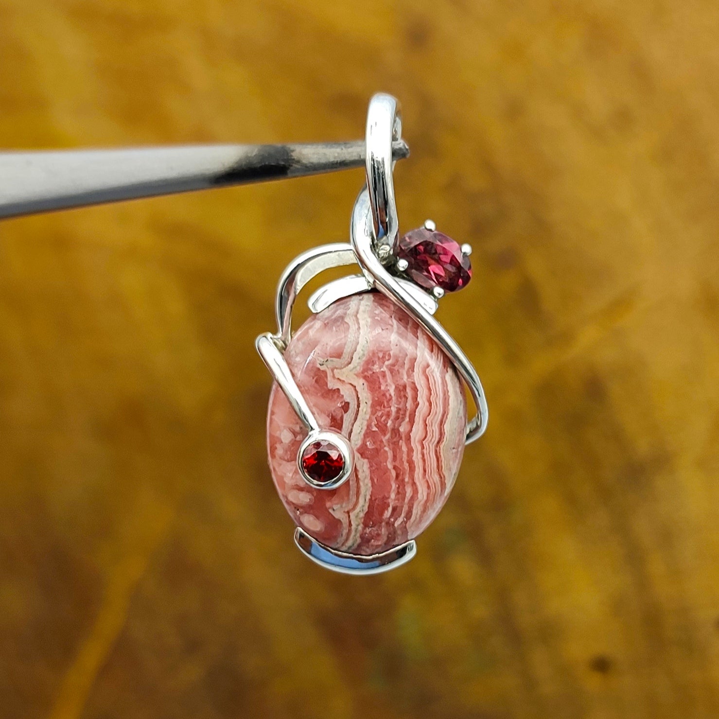 Rhodochrosite & Garnet Nepali Bohemian Handmade Silver Pendant