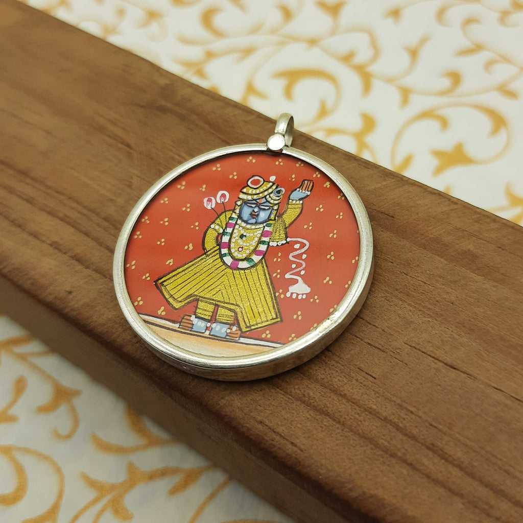 Shree Nath Ji Hand-Painted Pendant in 925 Sterling Silver – Divine Krishna Art Frame
