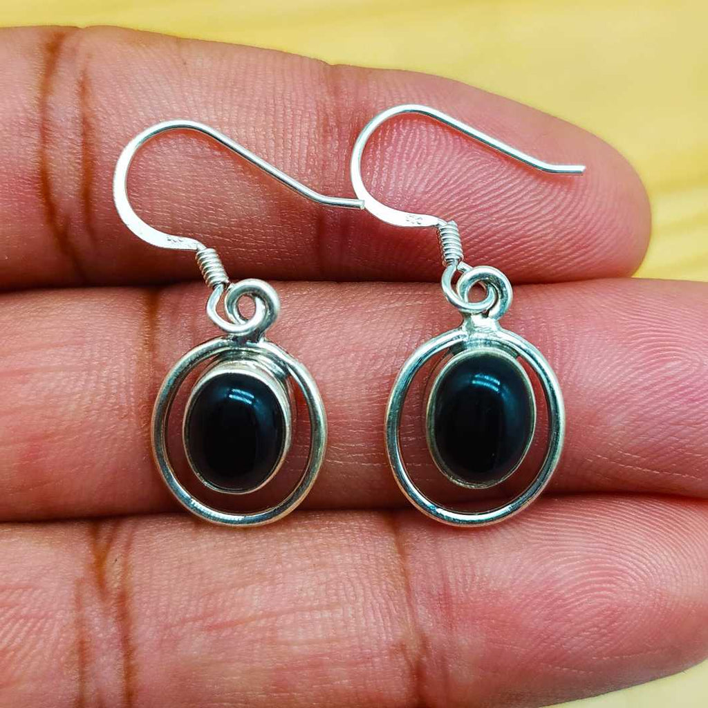 Hanging Black Onyx Earring 925 Solid Silver Oval Stone Hanging Earring