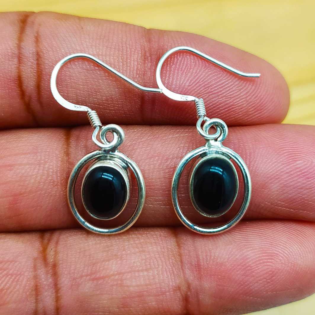 Hanging Black Onyx Earring 925 Solid Silver Oval Stone Hanging Earring