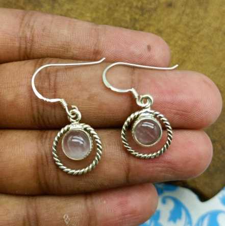 Handcrafted Rose Quartz Round Stone Silver Earrings