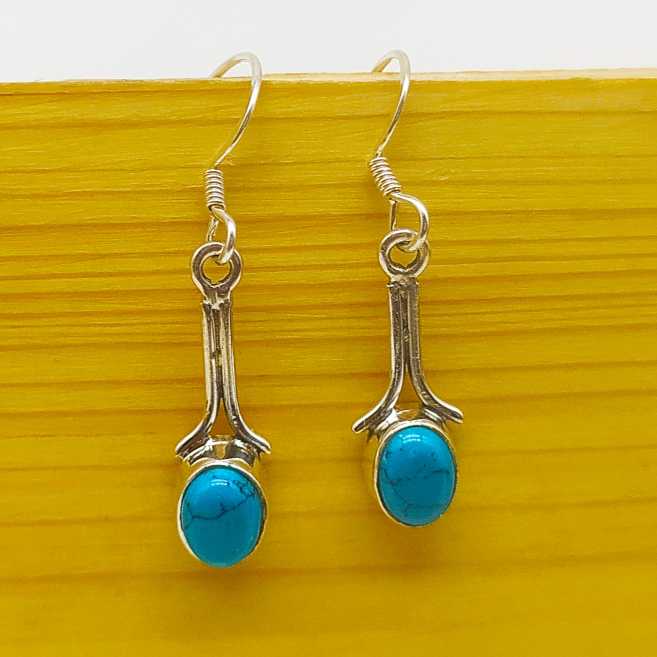 Natural Turquoise Oval Stone Sterling Silver Dangle Earrings