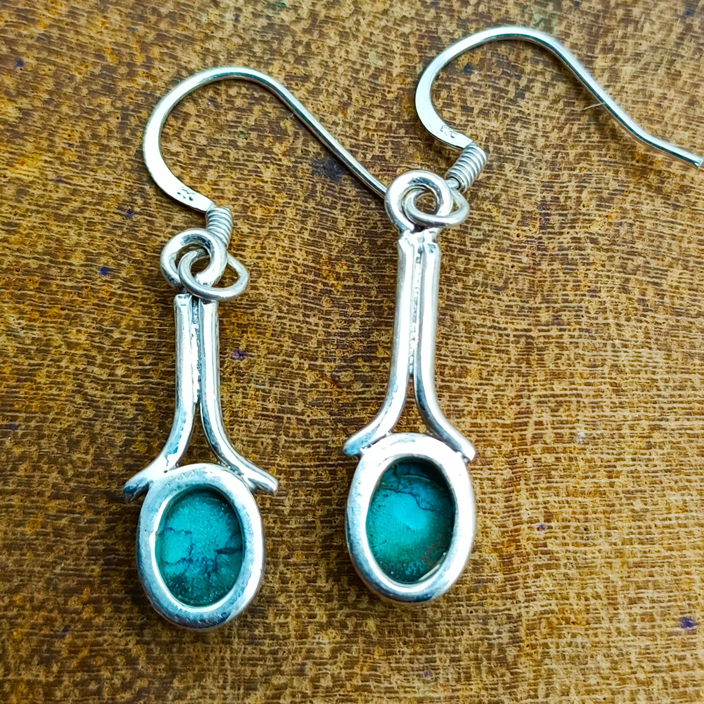 Natural Turquoise Oval Stone Sterling Silver Dangle Earrings