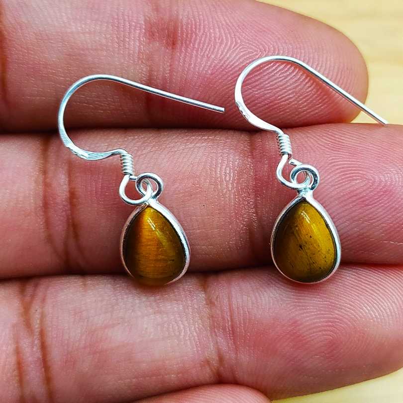 Classic Tiger Eye Stone 925 Silver Dangle Earrings