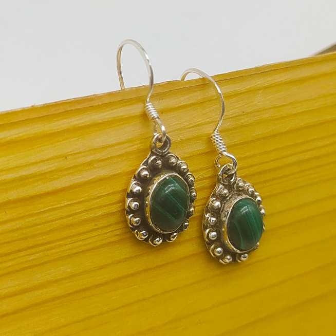 925 Sterling Silver Malachite Oval Loop Earrings