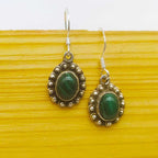 925 Sterling Silver Malachite Oval Loop Earrings
