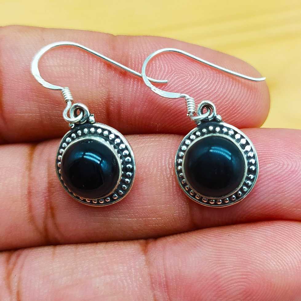 Elegant Black Onyx Round Earrings in 925 Sterling Silver