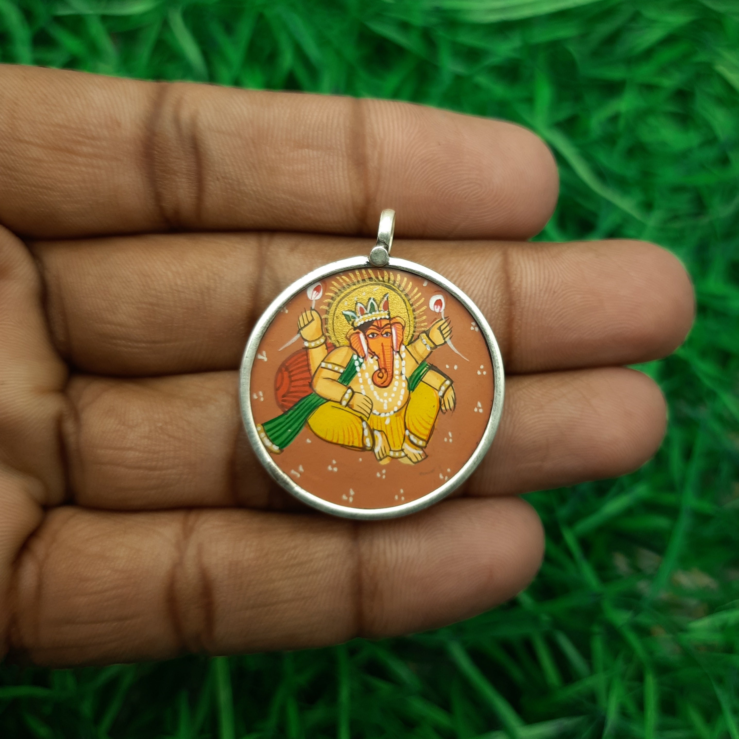 Lord Ganesha Hand-Painted Pendant in 925 Sterling Silver – Spiritual Blessing Jewelry