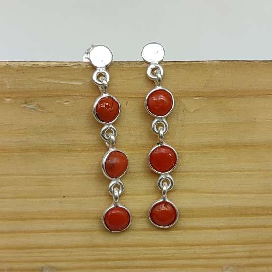 Round Coral Dangle Earrings – Handcrafted Silver Jewelry