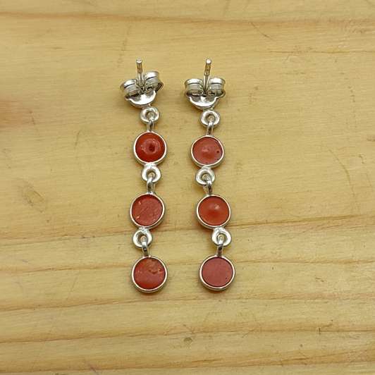 Round Coral Dangle Earrings – Handcrafted Silver Jewelry