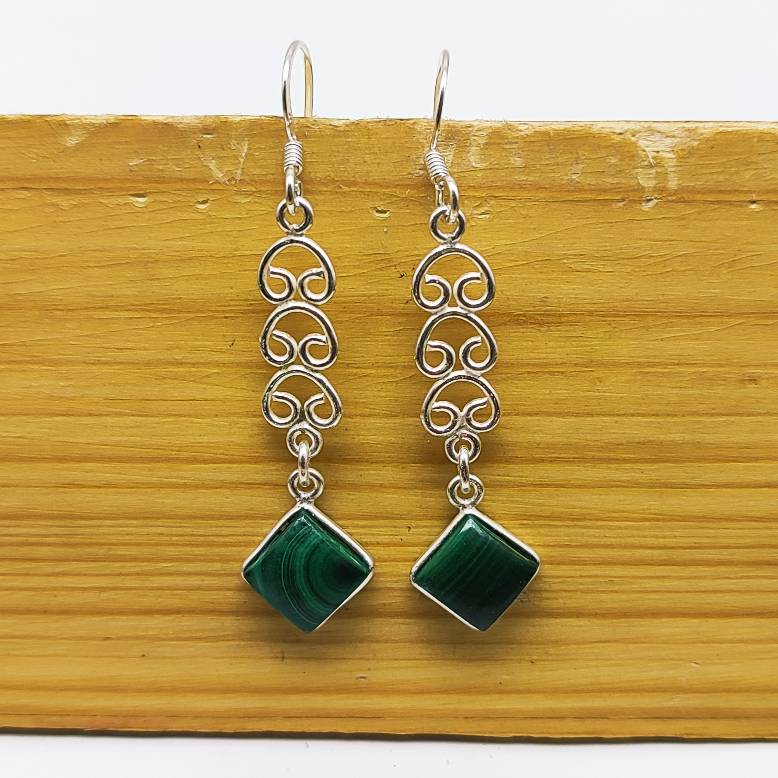 Designer Malachite Square Earring – Classic Filigree Pattern