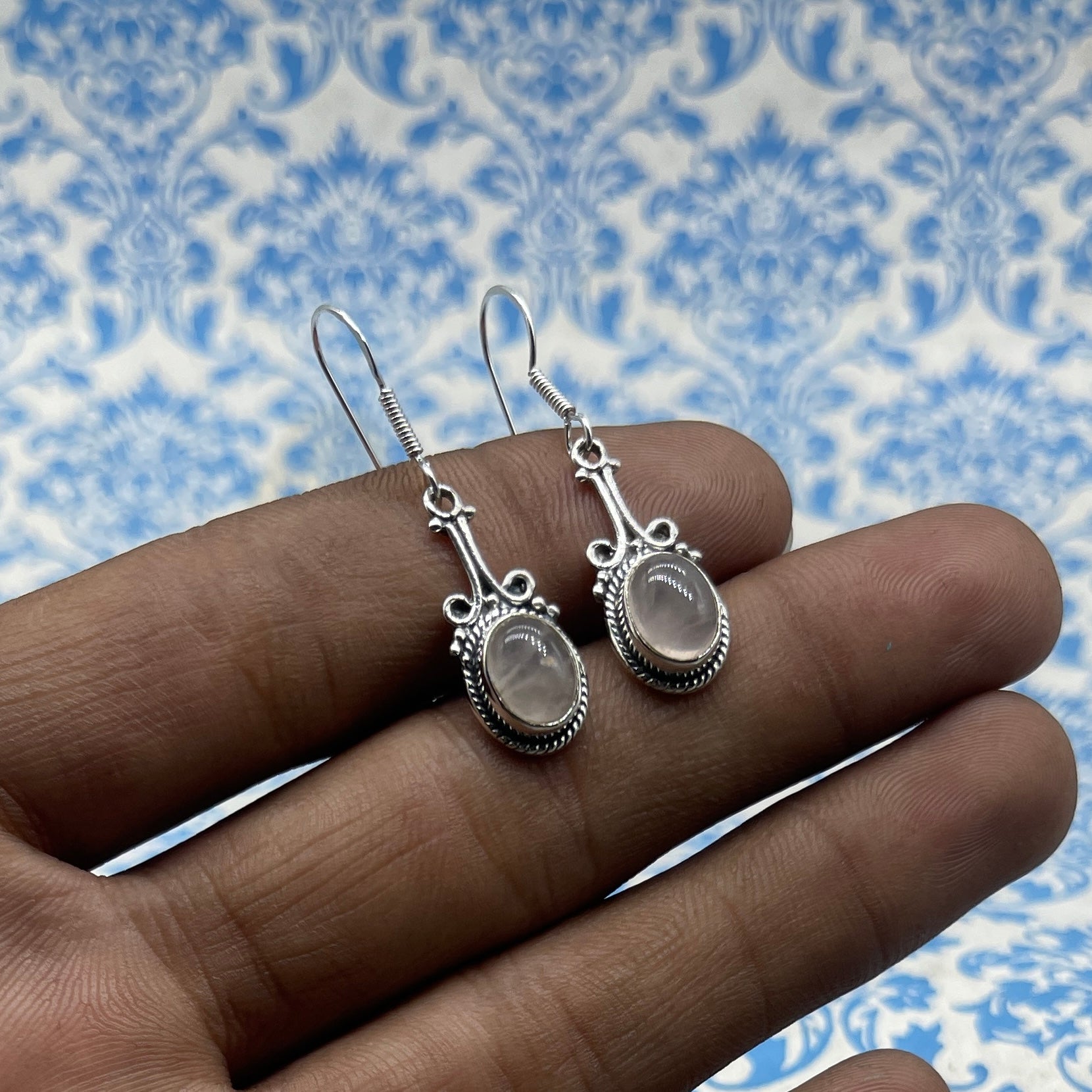925 Sterling Silver Rose Quartz Cabochon Oval Shape Earring