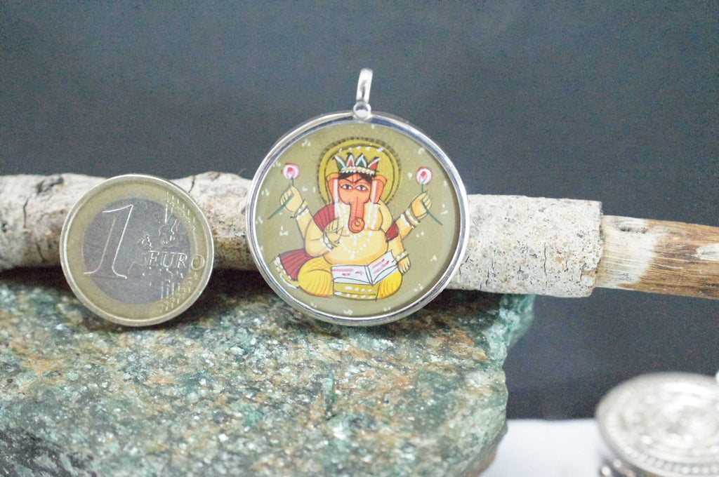 925 Silver Ganesha Handpainted Glass Pendant Designer Frame