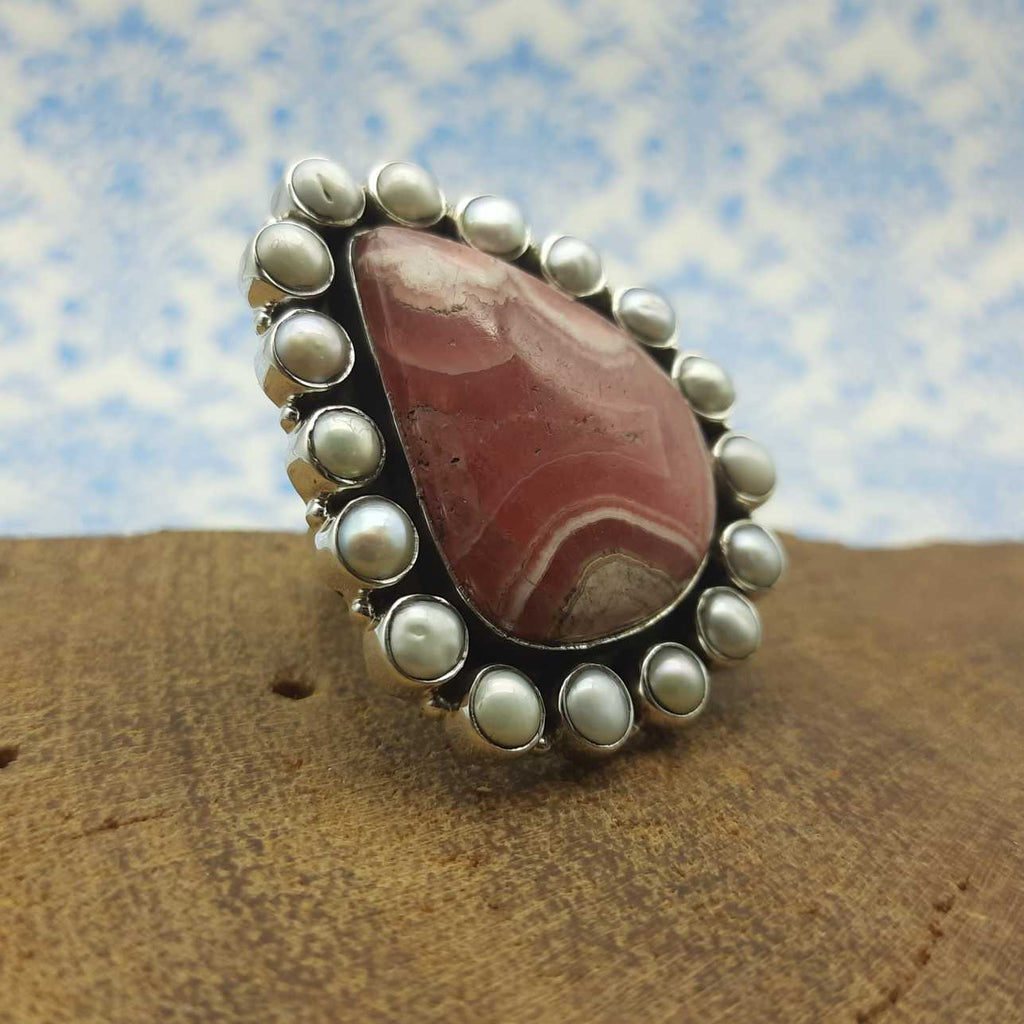 Rhodochrosite and Pearl Gemstone Bohemian 925 Sterling Silver Ring