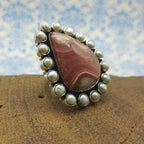 Rhodochrosite and Pearl Gemstone Bohemian 925 Sterling Silver Ring