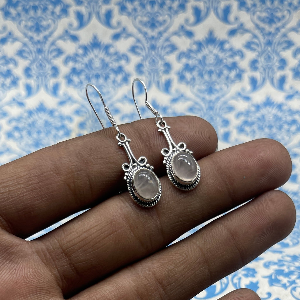 925 Sterling Silver Rose Quartz Cabochon Oval Shape Earring