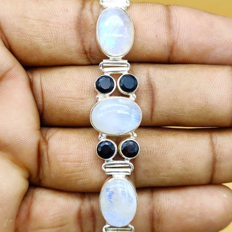 Handmade Natural Moonstone & Smokey Quartz Oval  Sterling Silver Bracelet