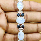 Handmade Natural Moonstone & Smokey Quartz Oval  Sterling Silver Bracelet