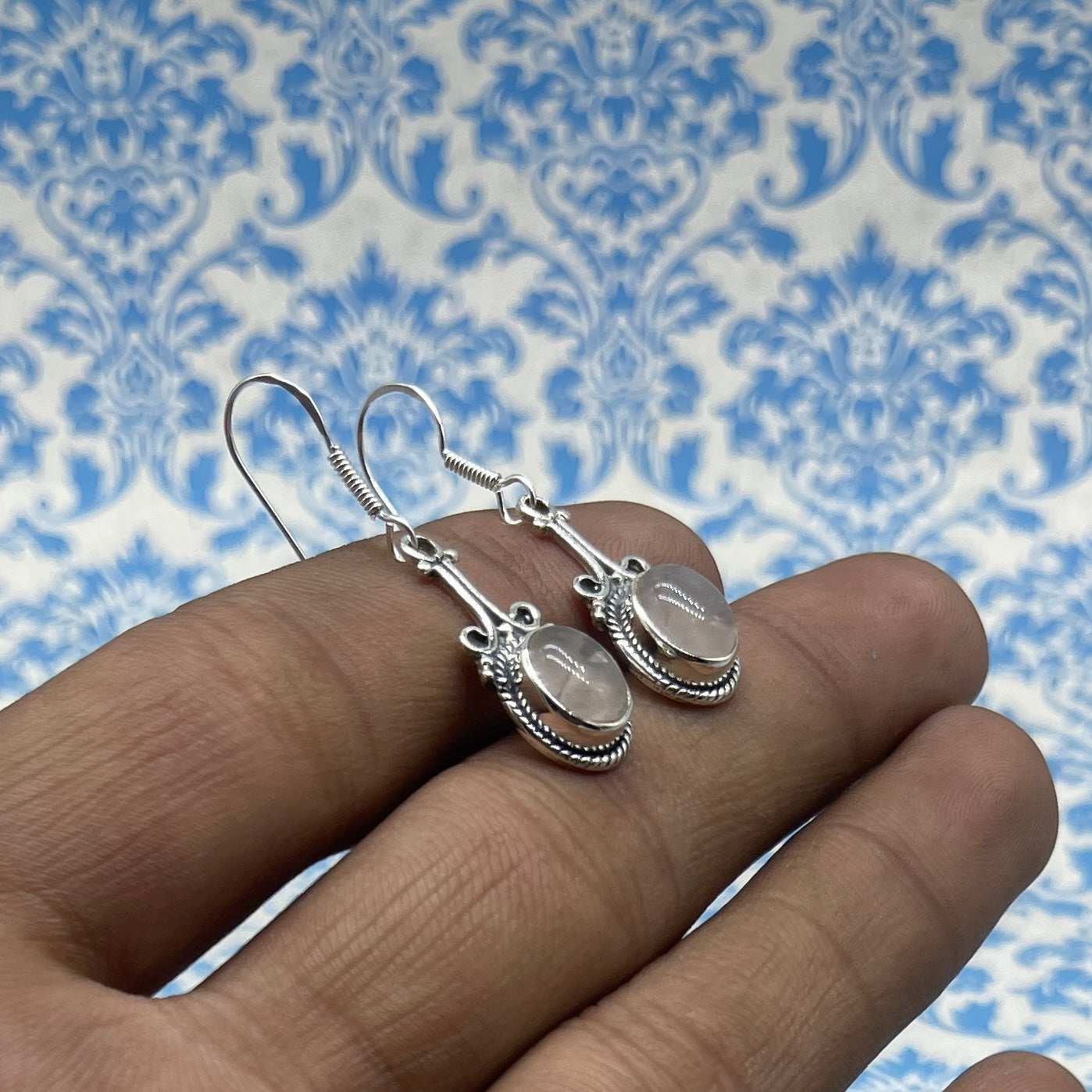 925 Sterling Silver Rose Quartz Cabochon Oval Shape Earring