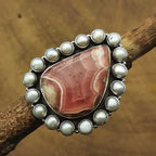 Rhodochrosite and Pearl Gemstone Bohemian 925 Sterling Silver Ring