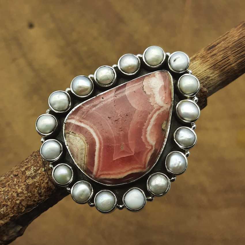 Rhodochrosite and Pearl Gemstone Bohemian 925 Sterling Silver Ring