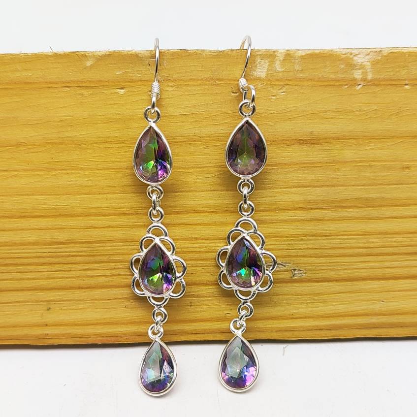 Designer Mystic Quartz Earrings – Long Dangle Statement Style