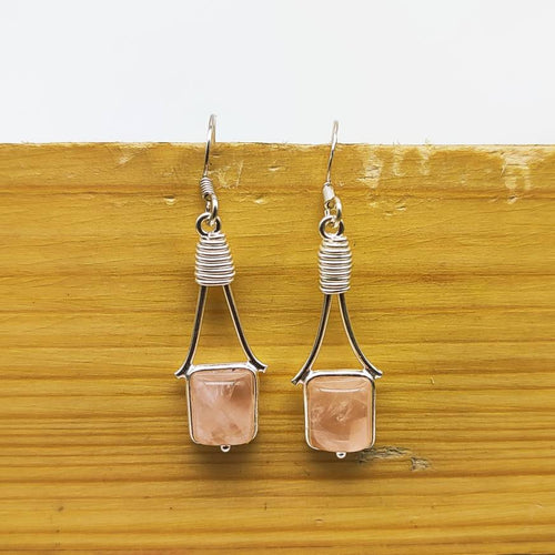 925 Silver Minimalist Rose Quartz Square Earrings