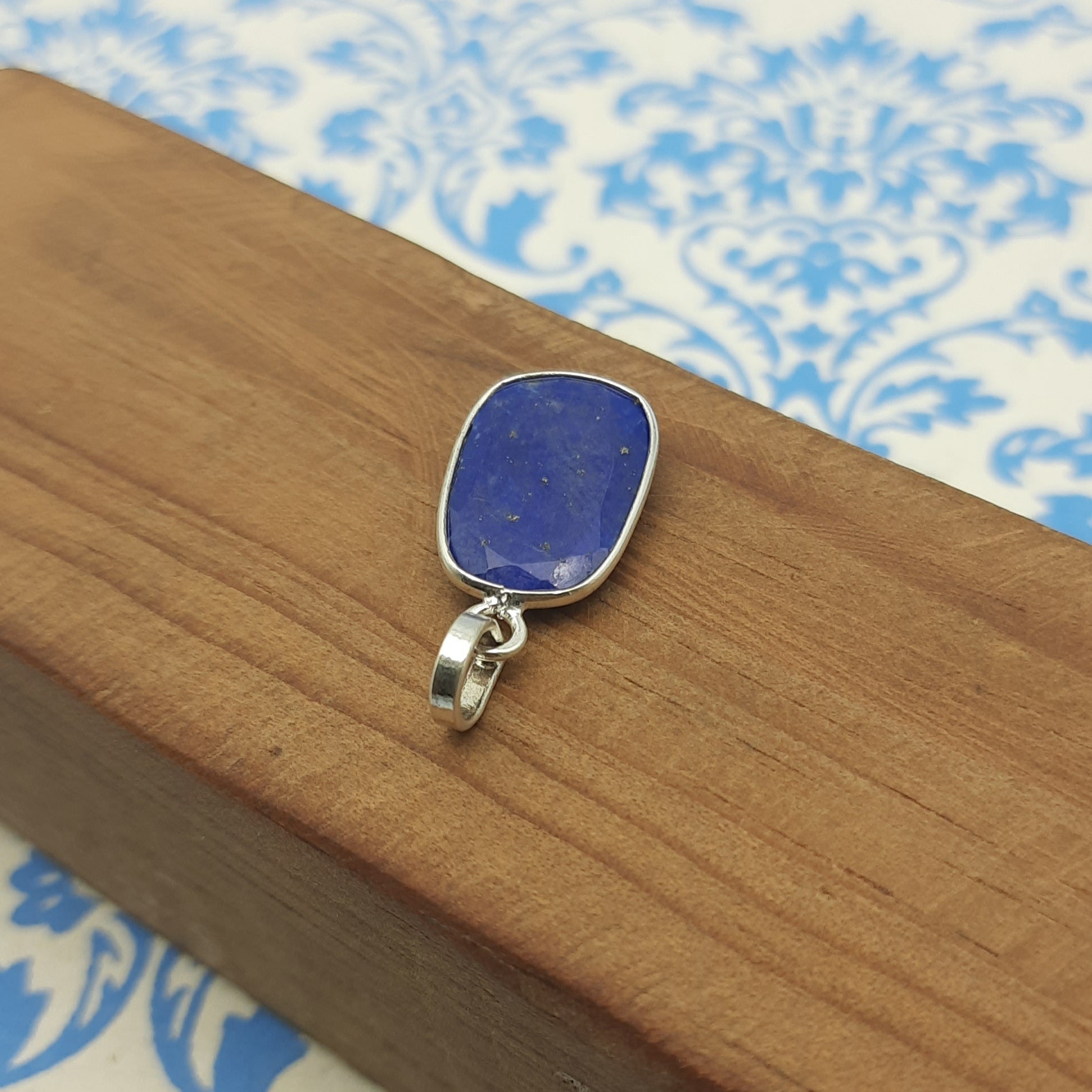 Lapis Checker Cut 925 Silver Bezel Necklace