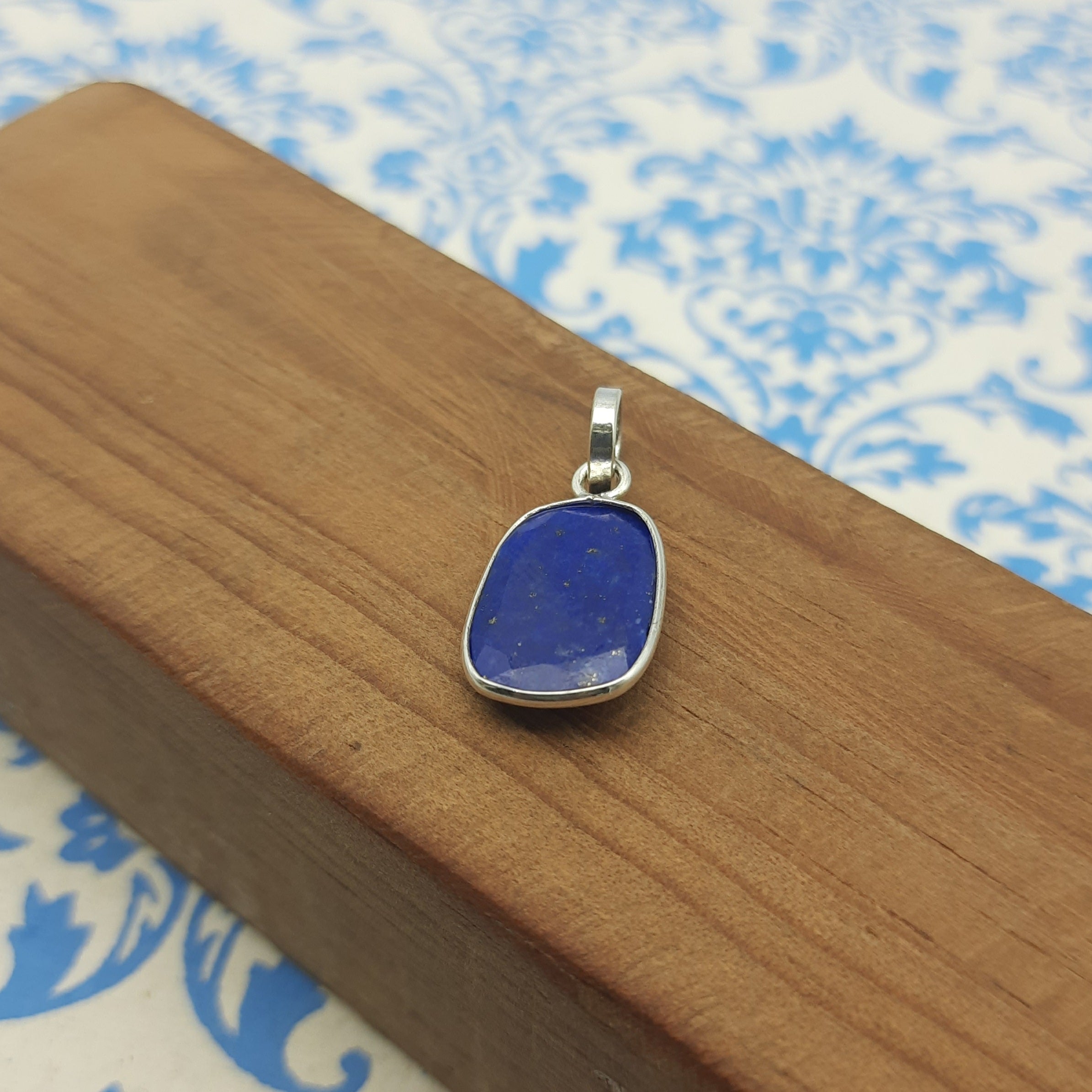 Lapis Checker Cut 925 Silver Bezel Necklace
