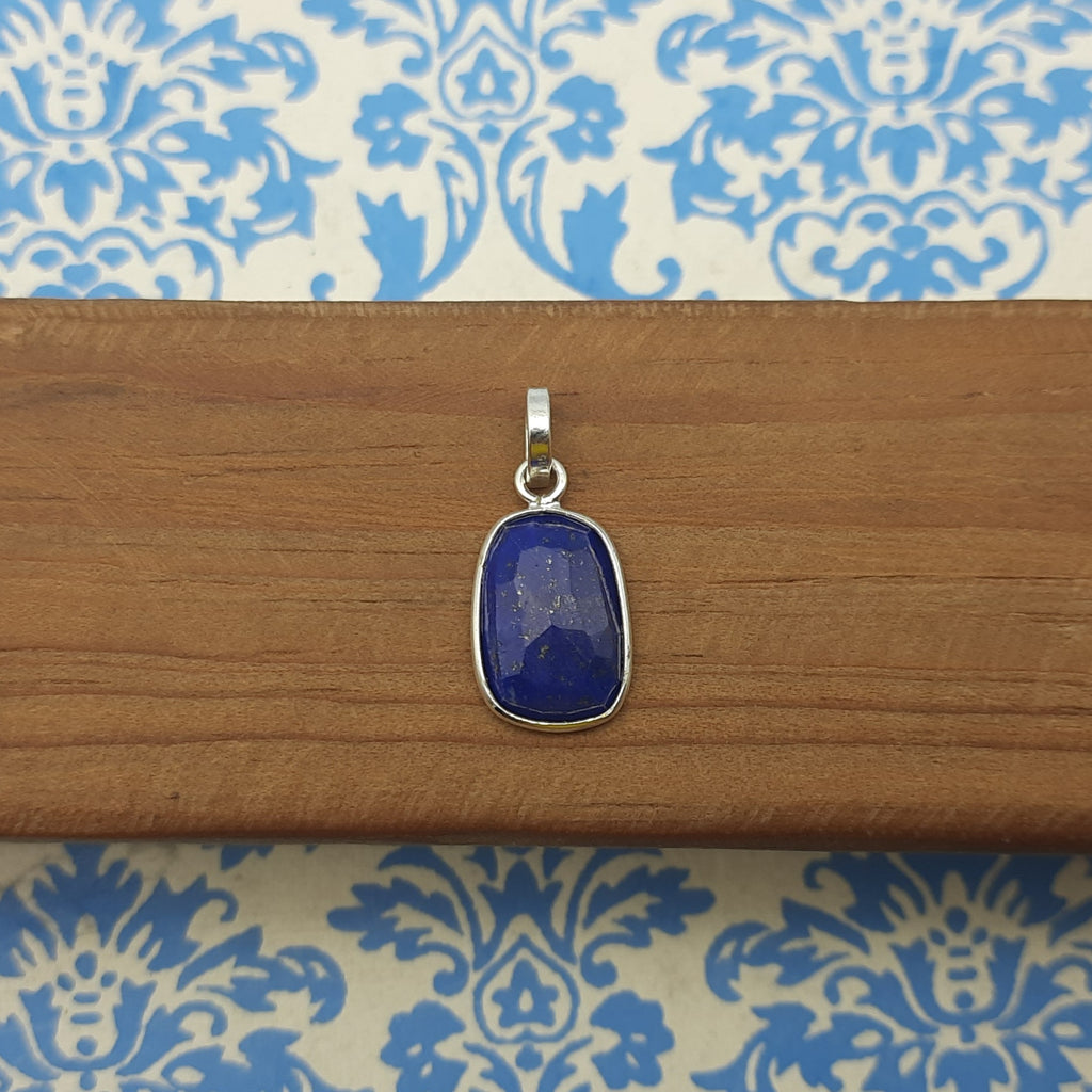 Lapis Checker Cut 925 Silver Bezel Necklace