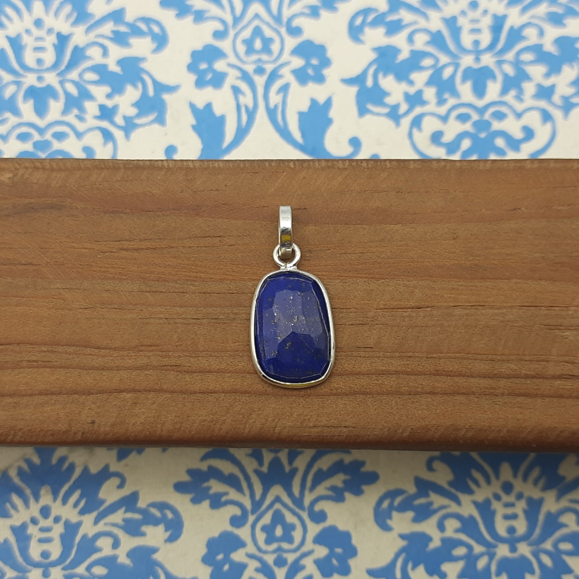 Lapis Checker Cut 925 Silver Bezel Necklace