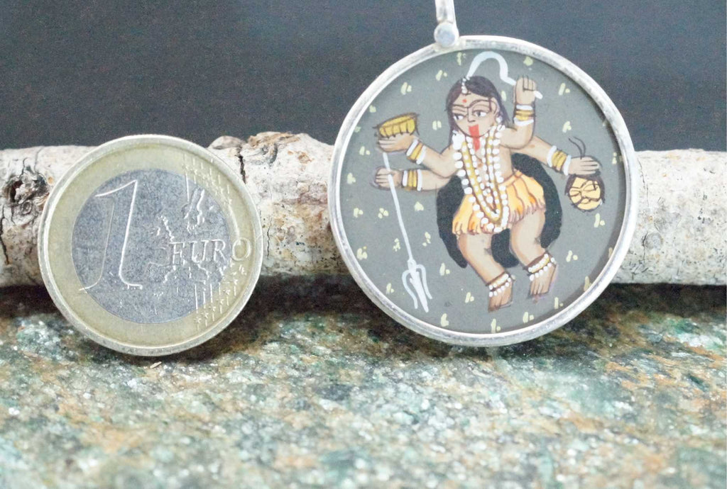 925 Silver Lord Kali Handpainted Glass Pendant Designer Frame