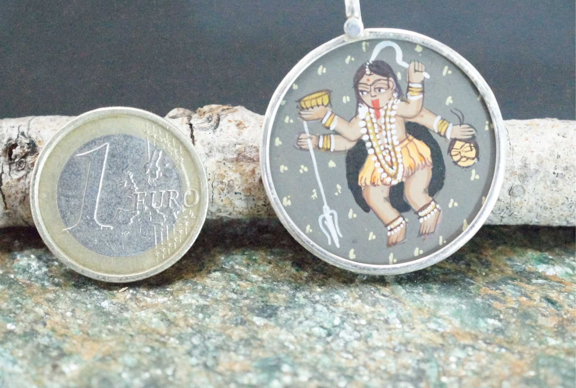 925 Silver Lord Kali Handpainted Glass Pendant Designer Frame