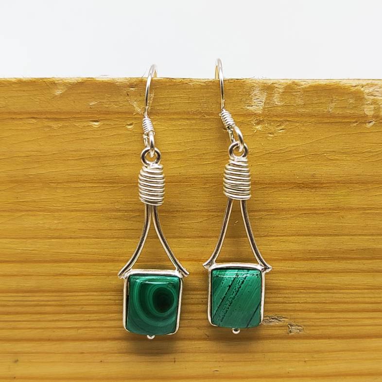 Minimalist Malachite Square Earrings – Handcrafted Silver