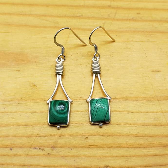 Minimalist Malachite Square Earrings – Handcrafted Silver