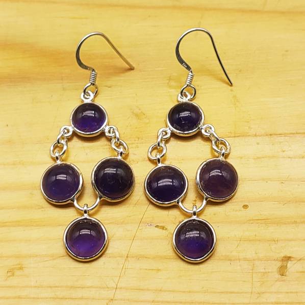 Elegant Round Gemstone Silver Earring – Minimal Boho Design