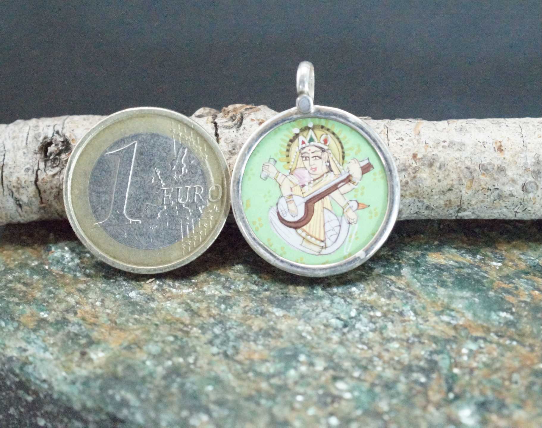 Lord Saraswati 925 Silver Handpainted Pendant Artisan Necklace
