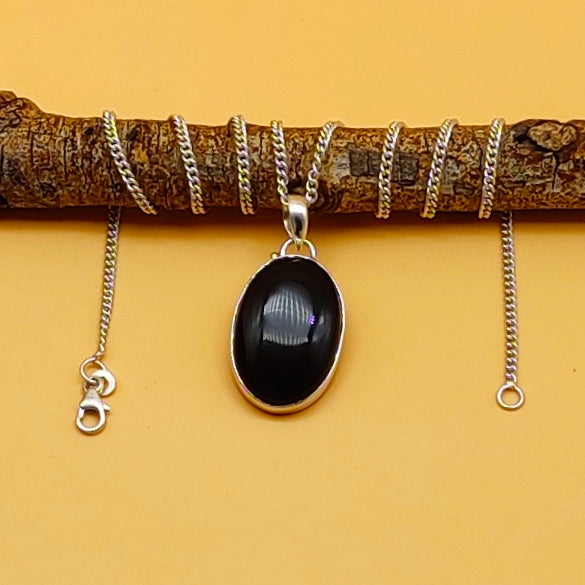 Black Onyx Cabochon 925 Silver Boho Pendant Necklace