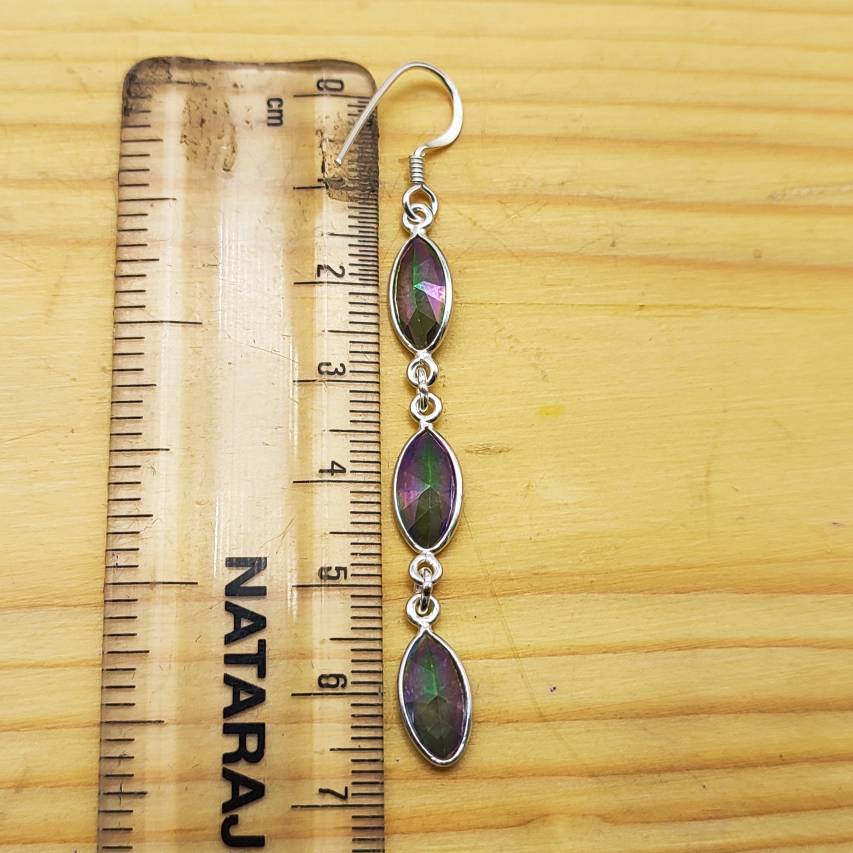 Natural Mystic Topaz Gemstone Long Layer Earrings